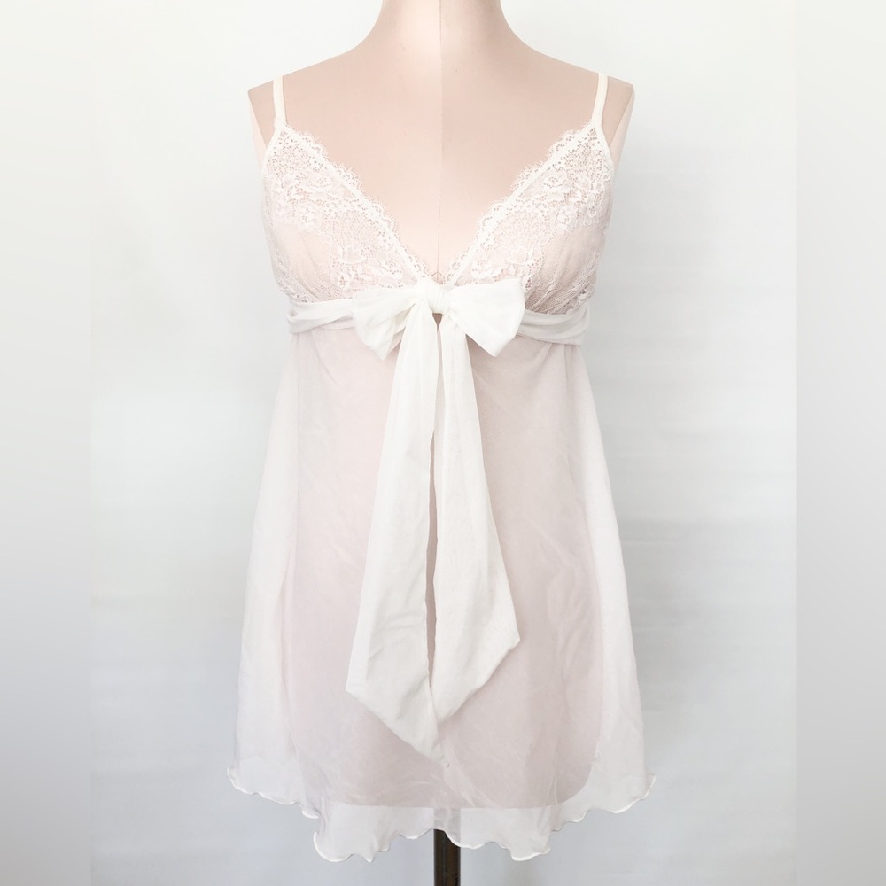 White Sheer Mesh Chiffon Babydoll Chemise & lace bridal short negligee’ Size S